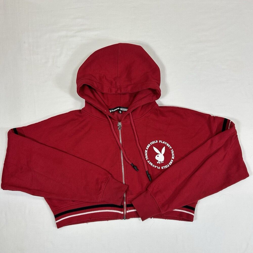Missguided X Playboy Zip Up Hoodie Jacket Red Cropped Logo Streetwear Size 4
